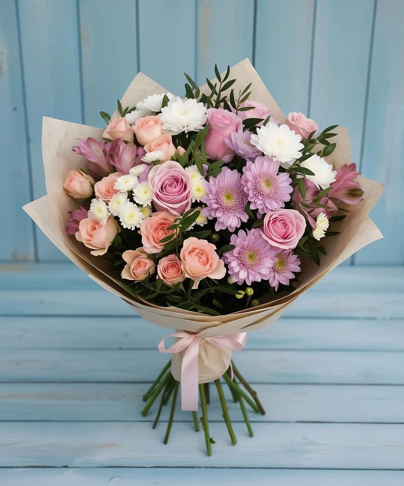 Букет цветов из: Хризантемы, Розы и Альстромерии в Сретенске