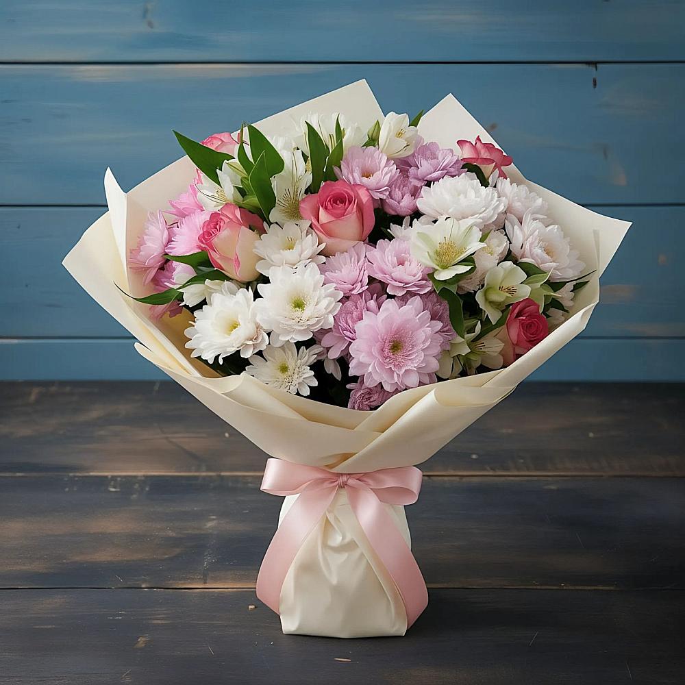 Букет цветов из: Хризантемы, Альстромерии и Розы в Сретенске